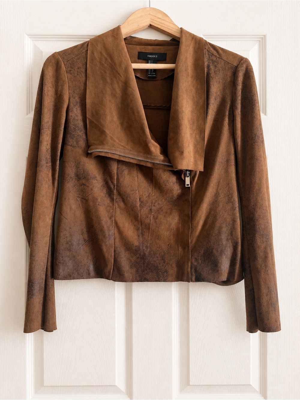 Forever 21 Faux Suede Moto Jacket Brown Zip Front Stretch Women’s Medium
